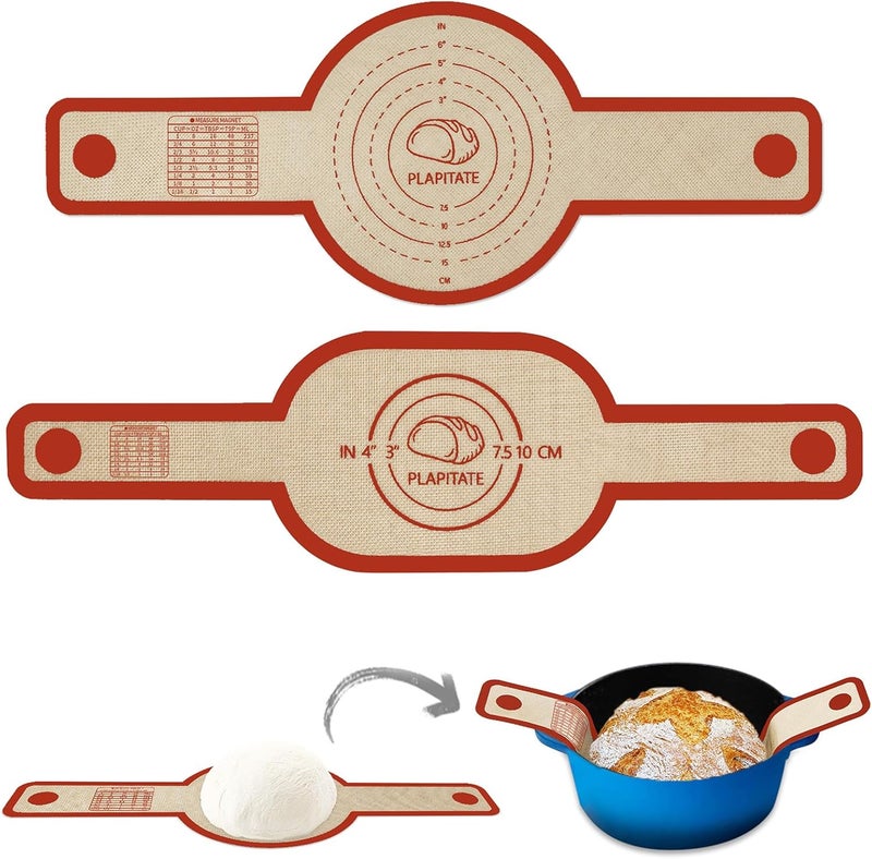 PLAPITATE Silicone Bread Sling Dutch Oven Liner, Non-Stick & Easy Clean Reusable Oval and Round Silicone Bread Baking Mat with Long Handles, Easy to Transfer Sourdough Bread - 2 Red Set - Image 1